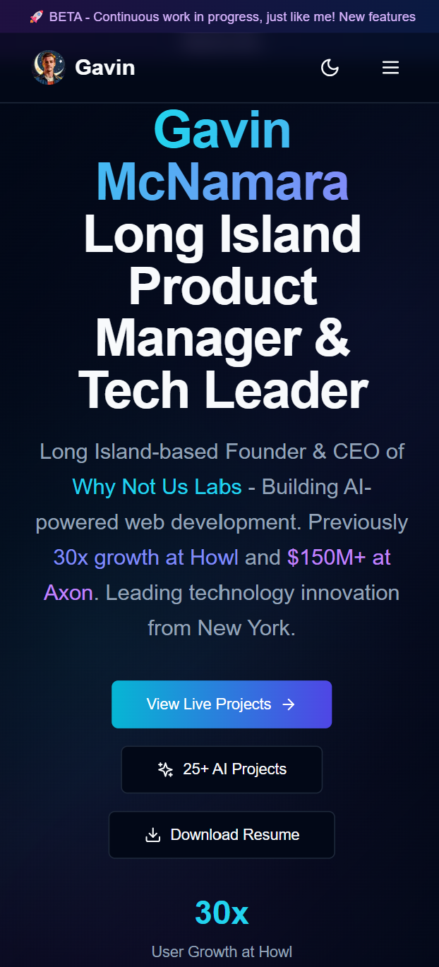 Gavin McNamara AI Portfolio - Mobile View